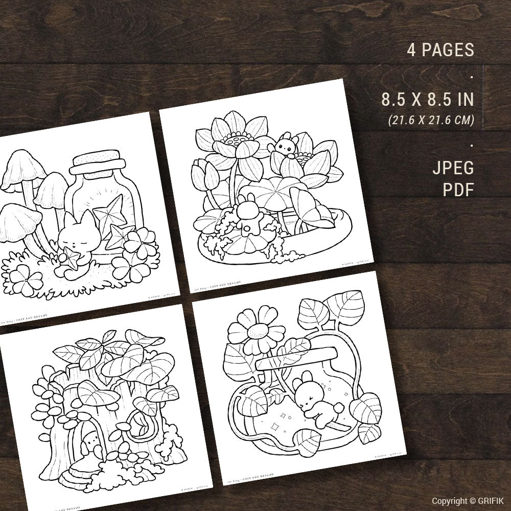 Cozy and Dreamy, Set of 4 Coloring Pages