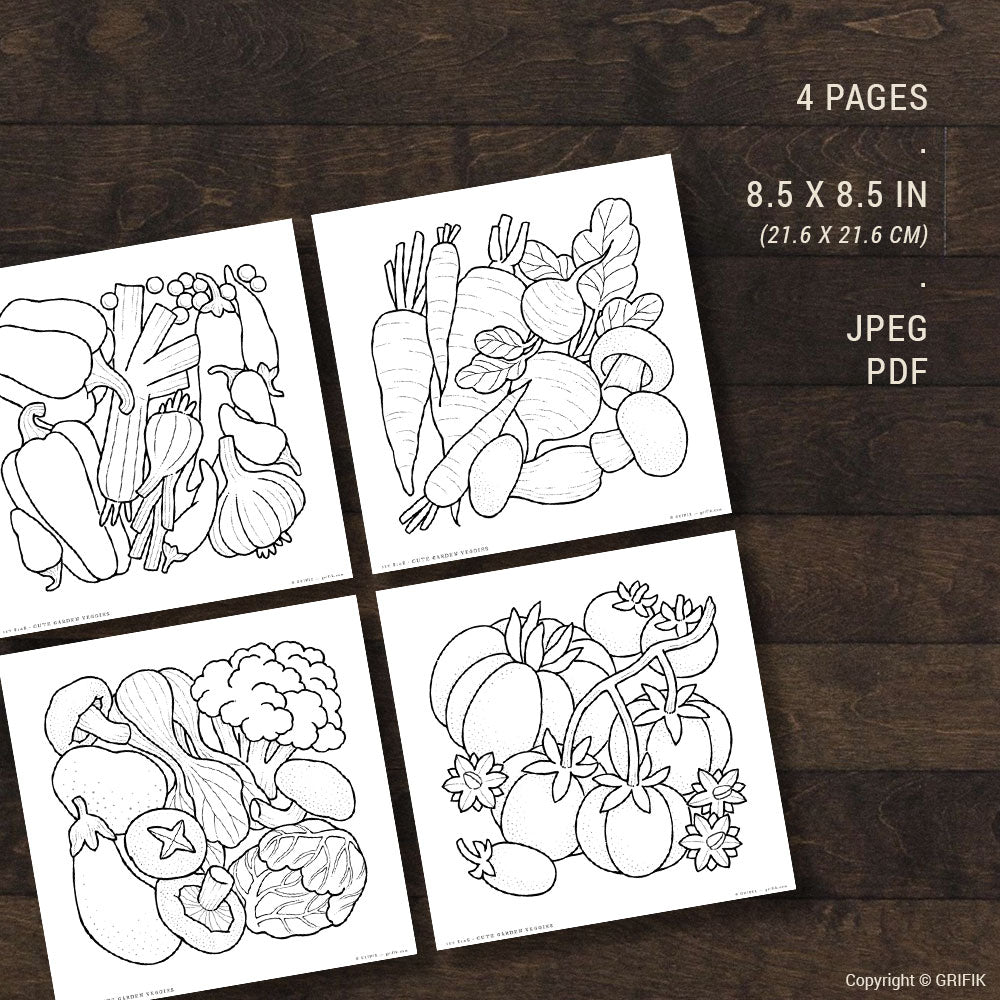 Cute Garden Veggies, Set of 4 Coloring Pages