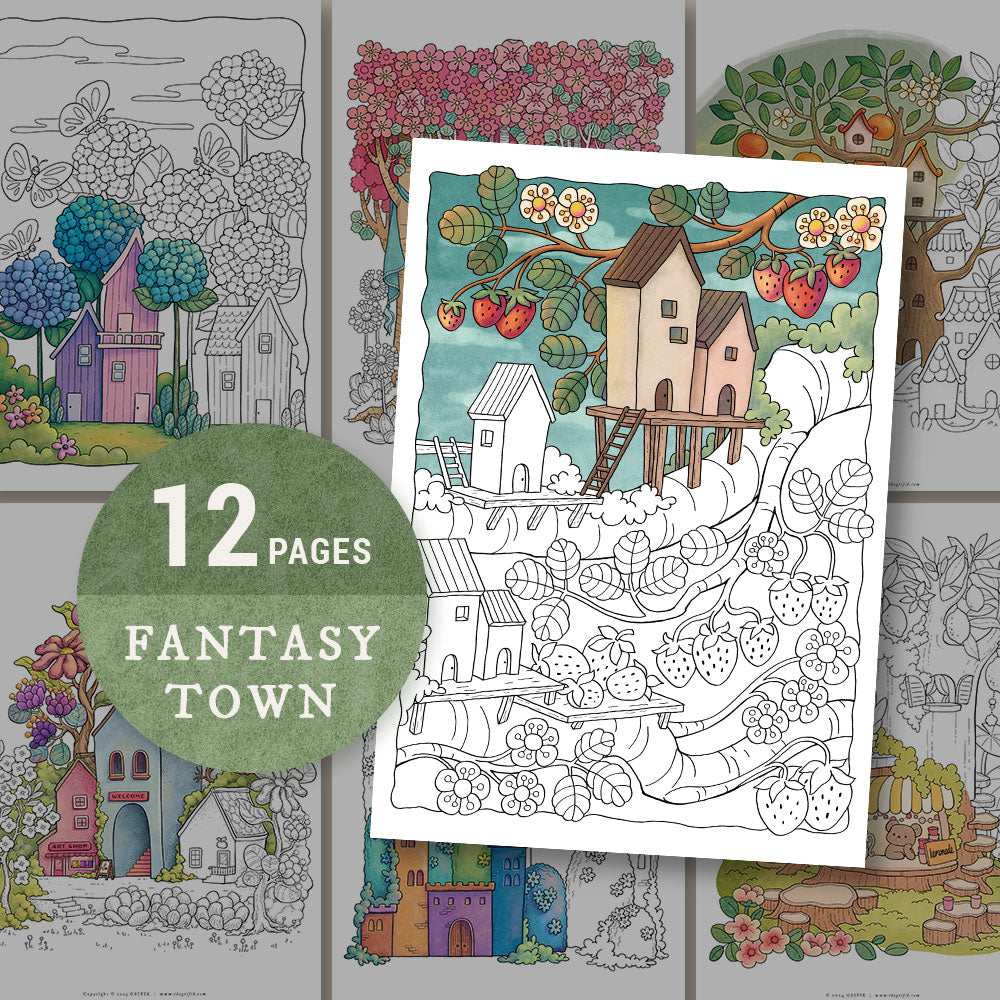 FANTASY TOWN 12 Coloring Pages Pack