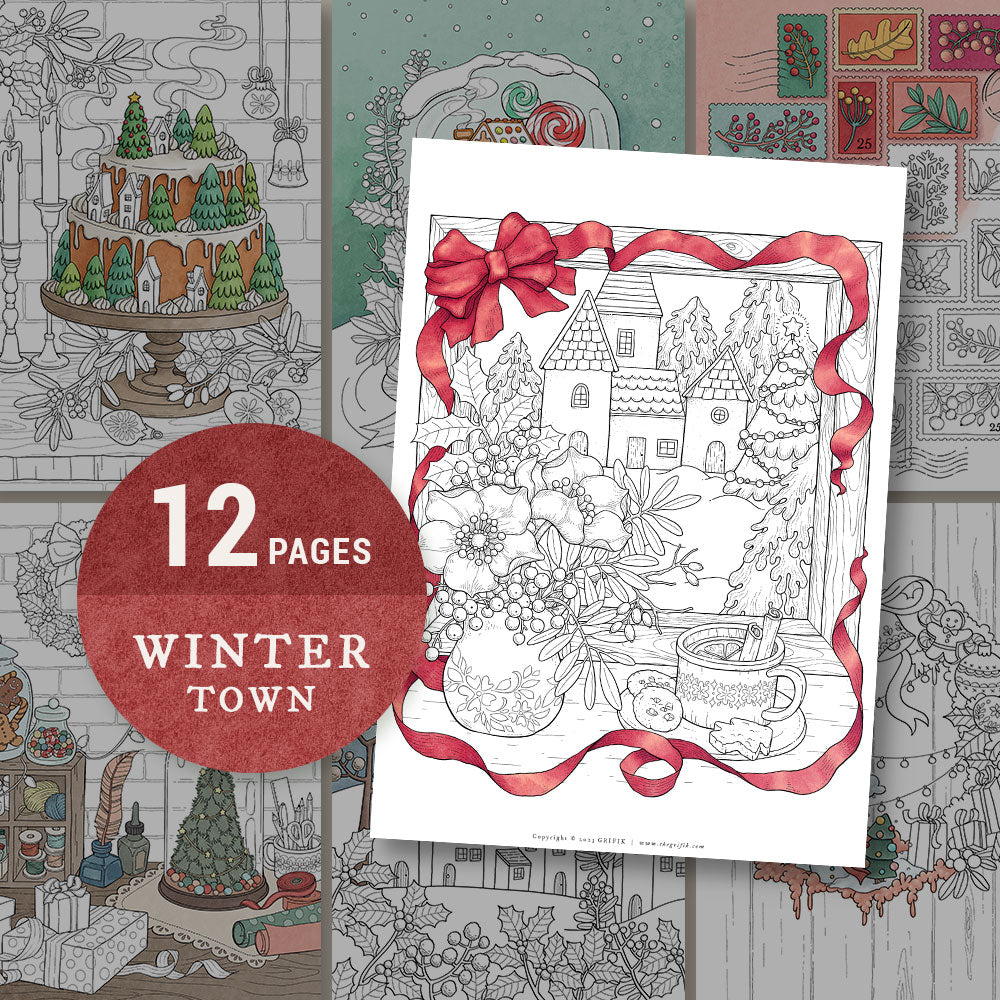WINTER TOWN 12 Coloring Pages Pack