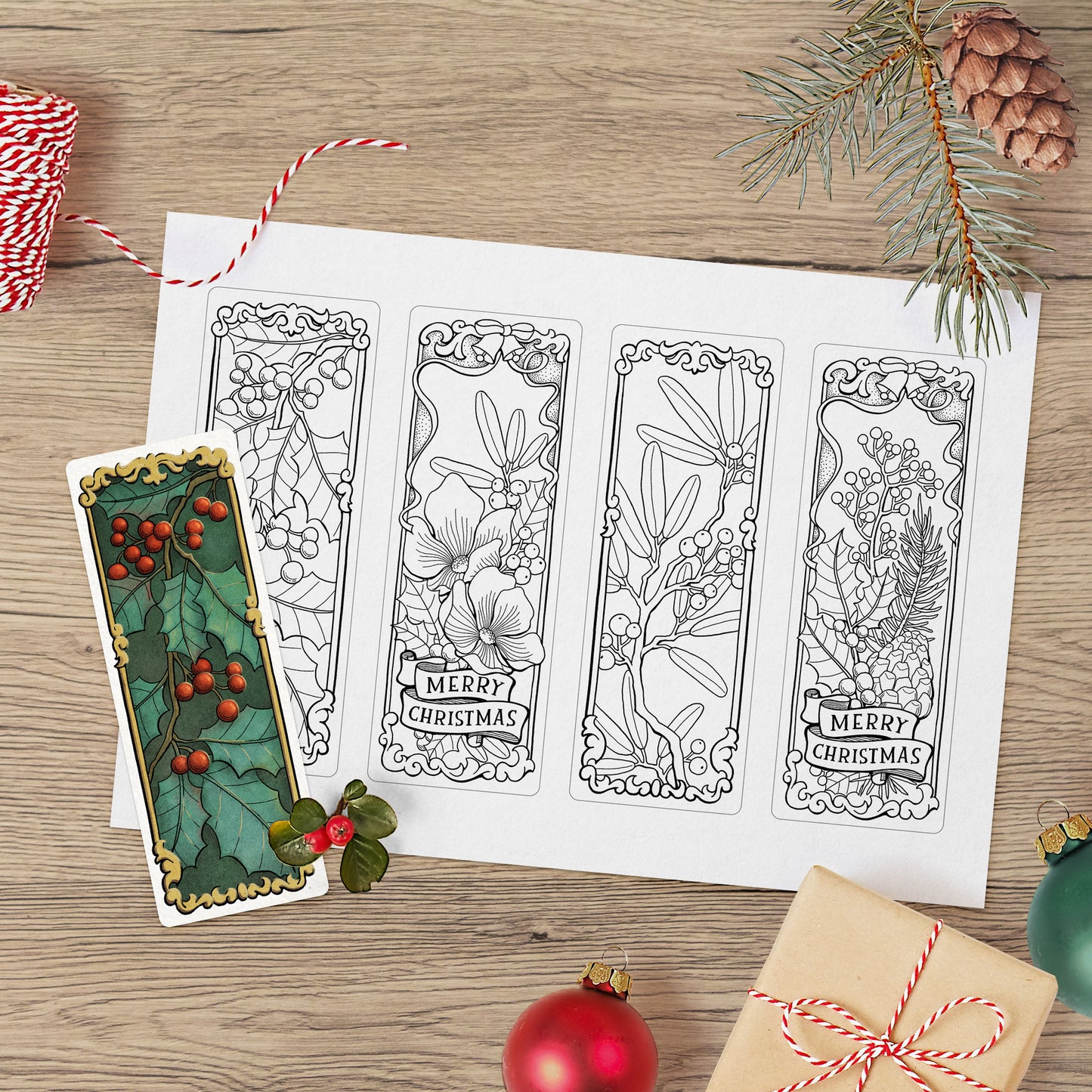 Christmas Floral Coloring Bookmarks