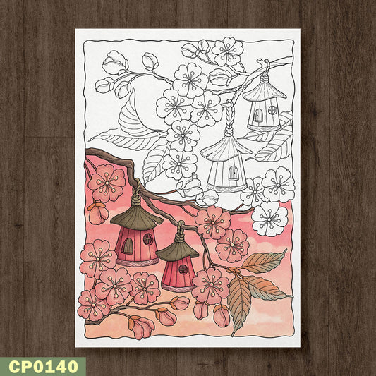Cherry Blossom Village Coloring Page