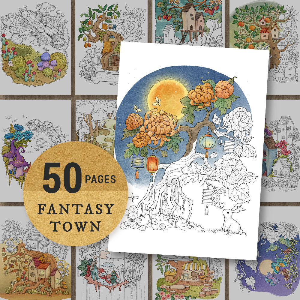 FANTASY TOWN - Pack of 50 Coloring Pages