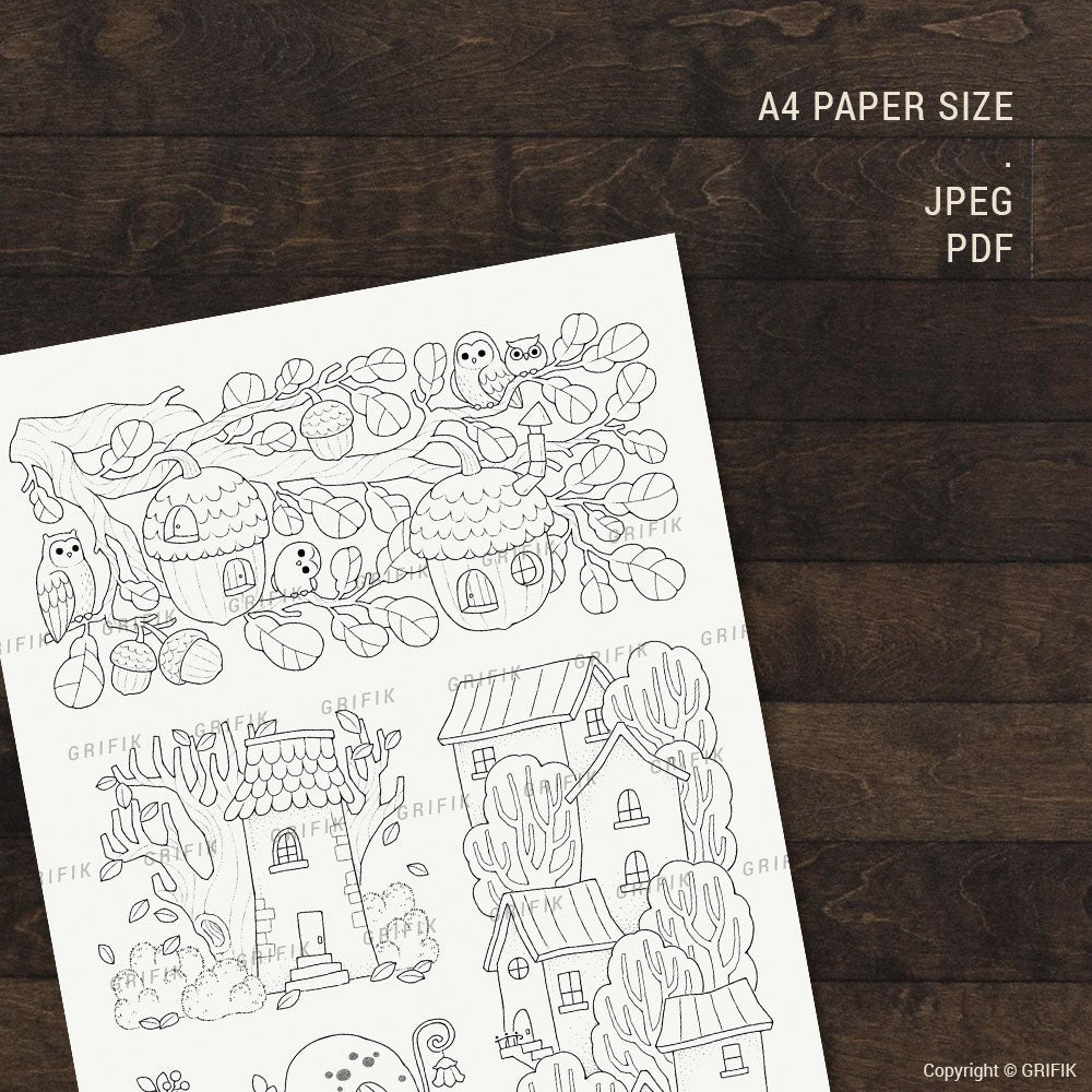 Little Autumn Homes Coloring Page