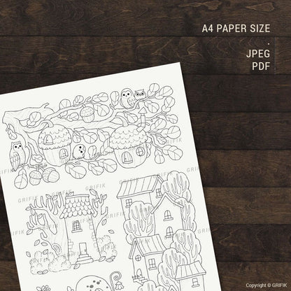 Little Autumn Homes Coloring Page