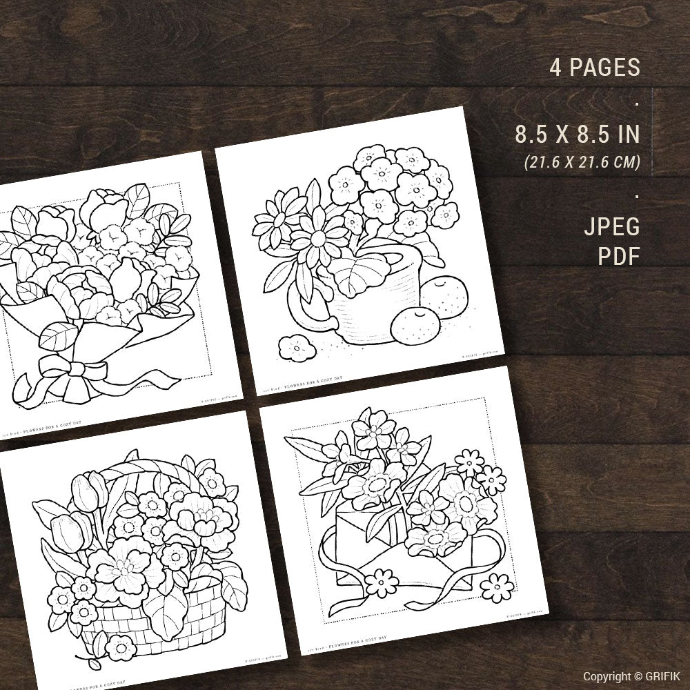 Flowers for a Cozy Day, Set of 4 Coloring Pages