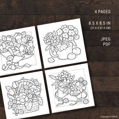 Flowers for a Cozy Day, Set of 4 Coloring Pages