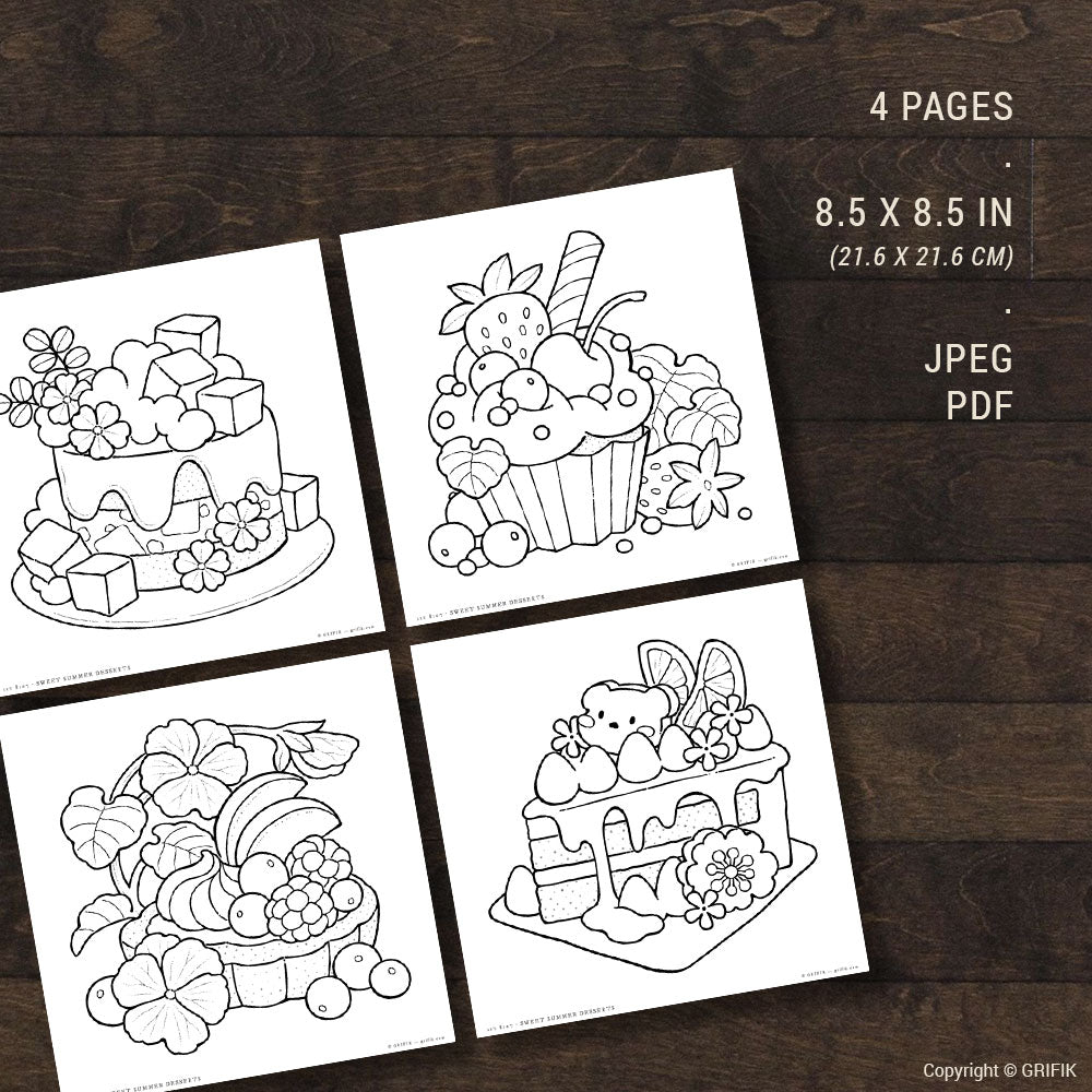 Sweet Summer Desserts, Set of 4 Coloring Pages