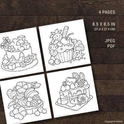 Sweet Summer Desserts, Set of 4 Coloring Pages