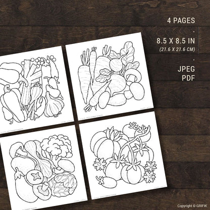 Cute Garden Veggies, Set of 4 Coloring Pages