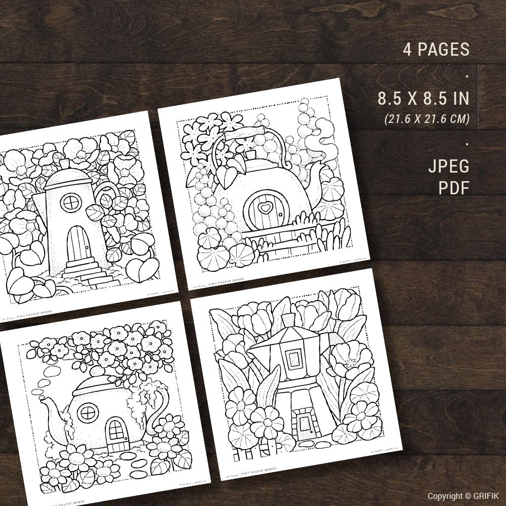 Tiny Teapot Homes, Set of 4 Coloring Pages
