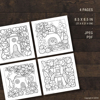 Tiny Teapot Homes, Set of 4 Coloring Pages