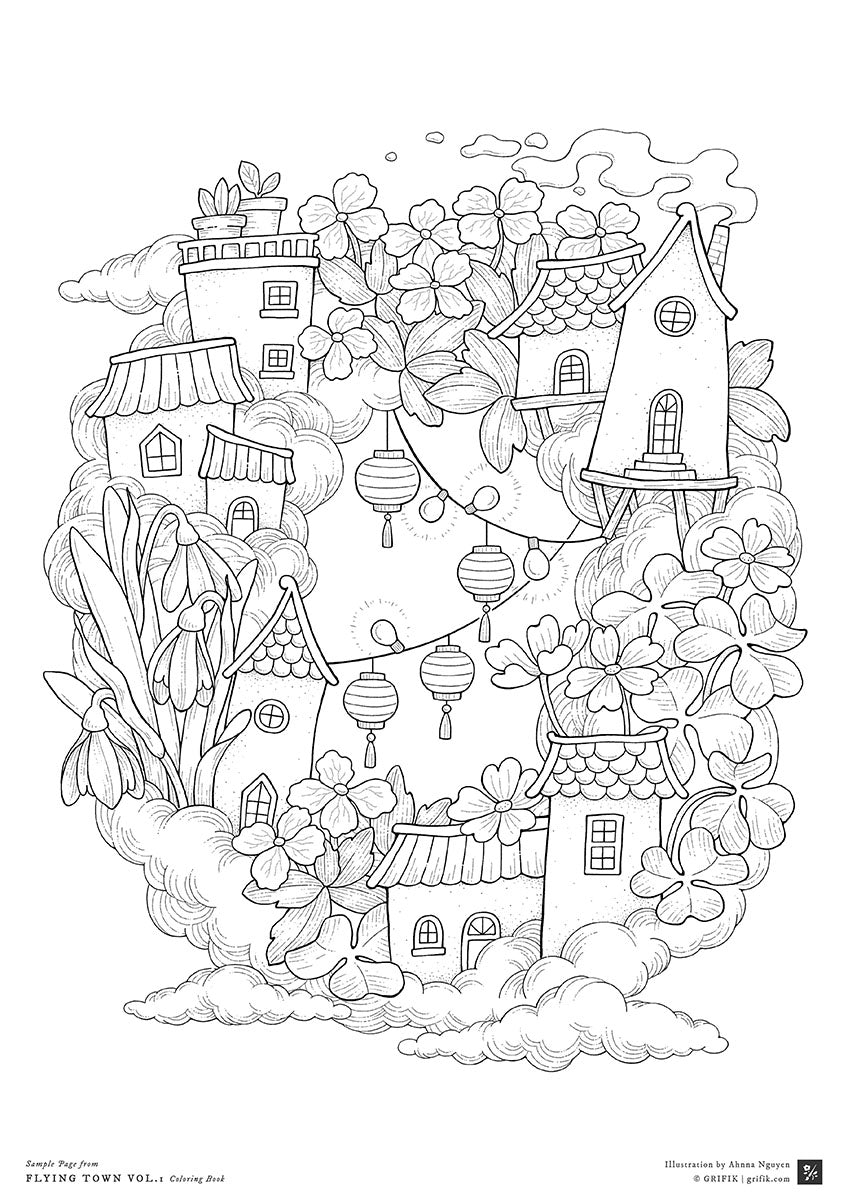 Free printable fantasy coloring page for adults featuring houses, lanterns, and flowers.