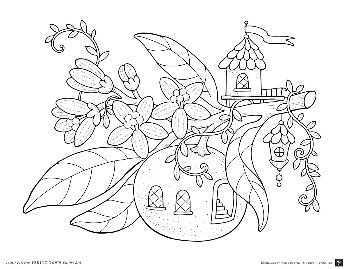 Free fantasy coloring page printable for adults with fairy houses on a orange branch.