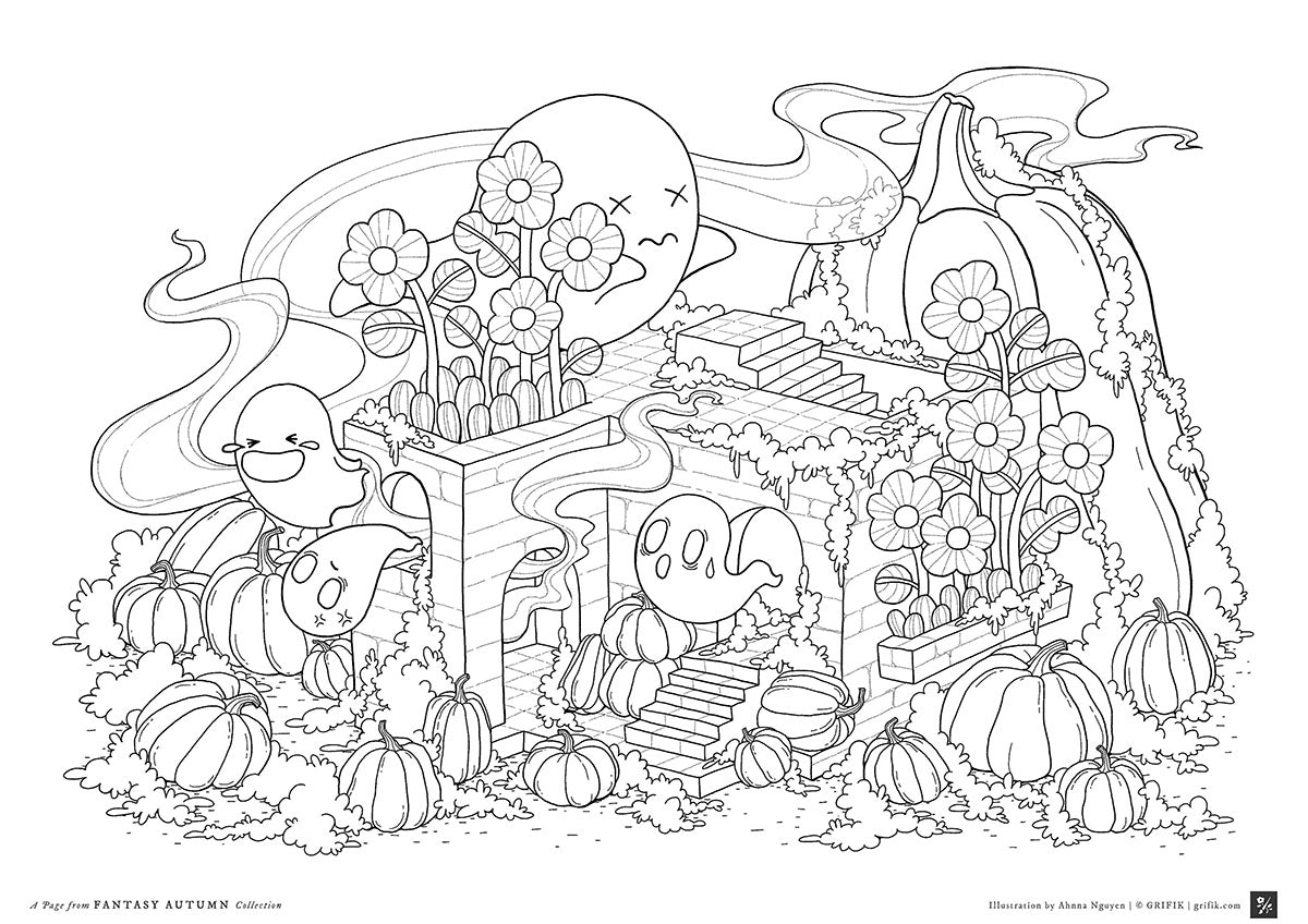Free fantasy coloring page printable for adults with an autumn scene featuring pumpkins and cute ghosts.