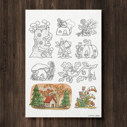 Whimsy Fall Dwellings Coloring Page