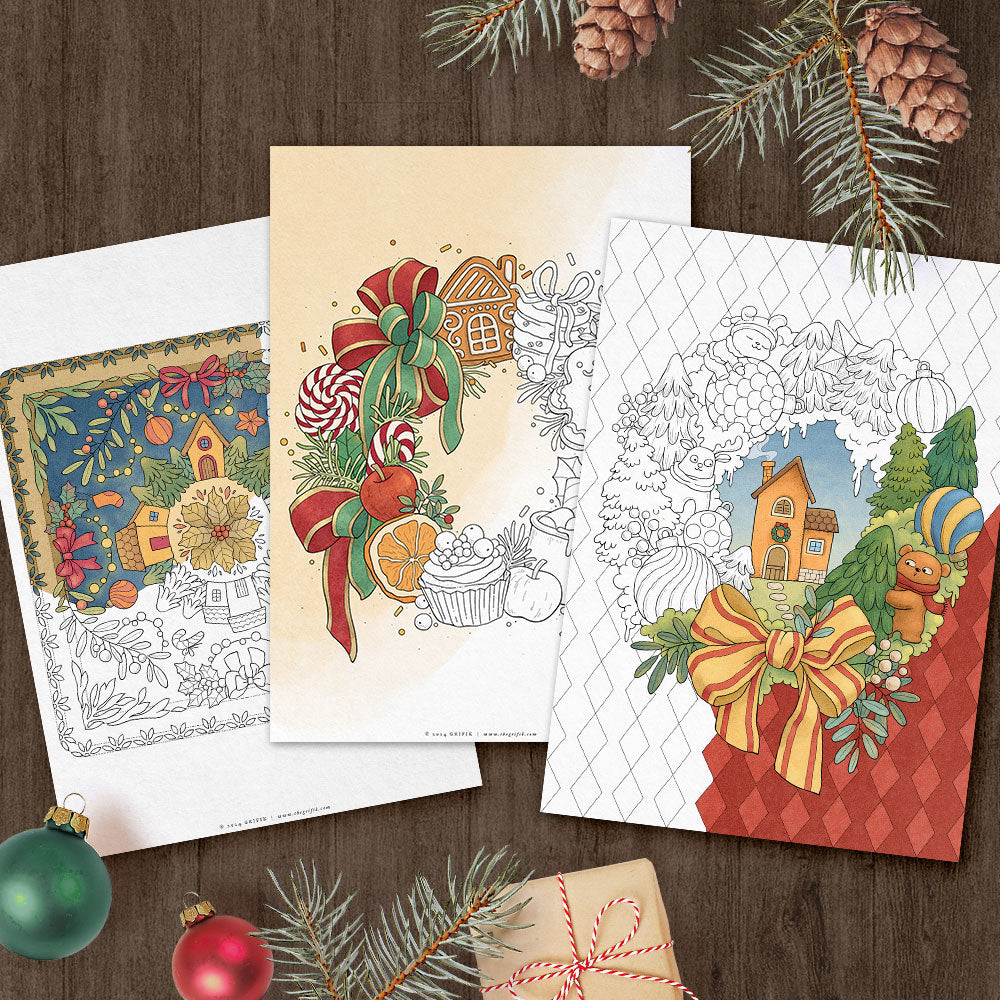 CHRISTMAS WREATHS - Set of 3 Coloring Pages