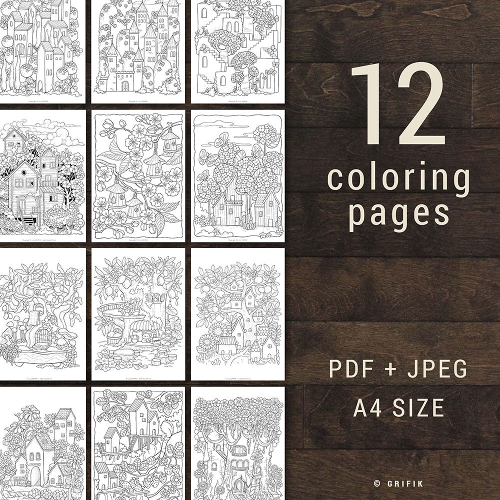 FANTASY TOWN - Pack of 12 Coloring Pages