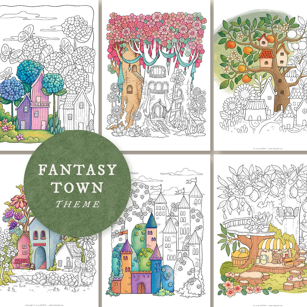 FANTASY TOWN - Pack of 50 Coloring Pages