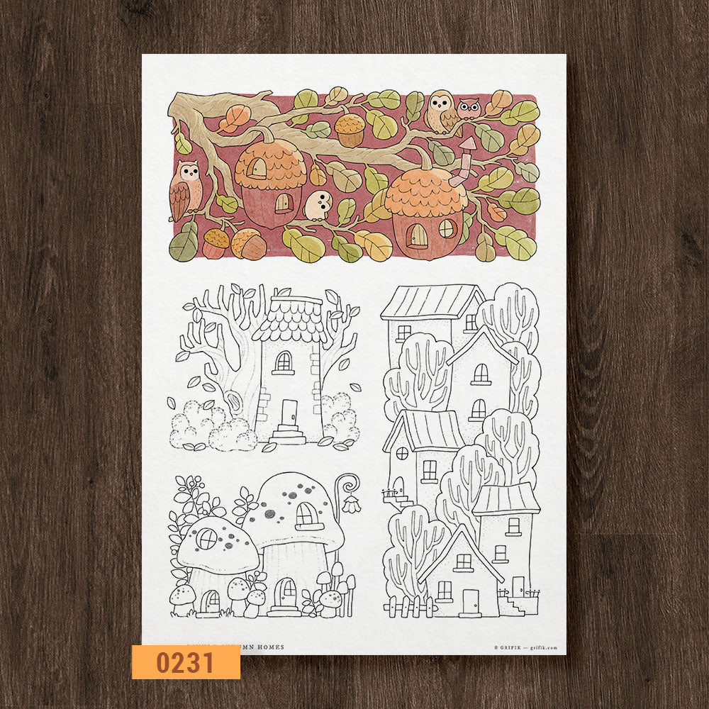 Little Autumn Homes Coloring Page