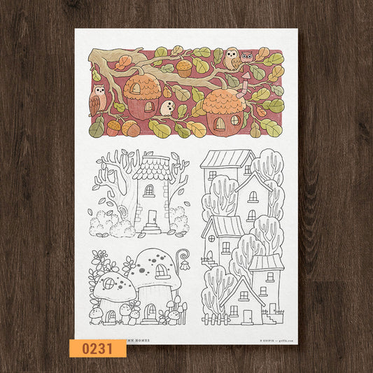 Little Autumn Homes Coloring Page
