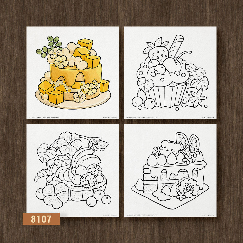 Sweet Summer Desserts, Set of 4 Coloring Pages