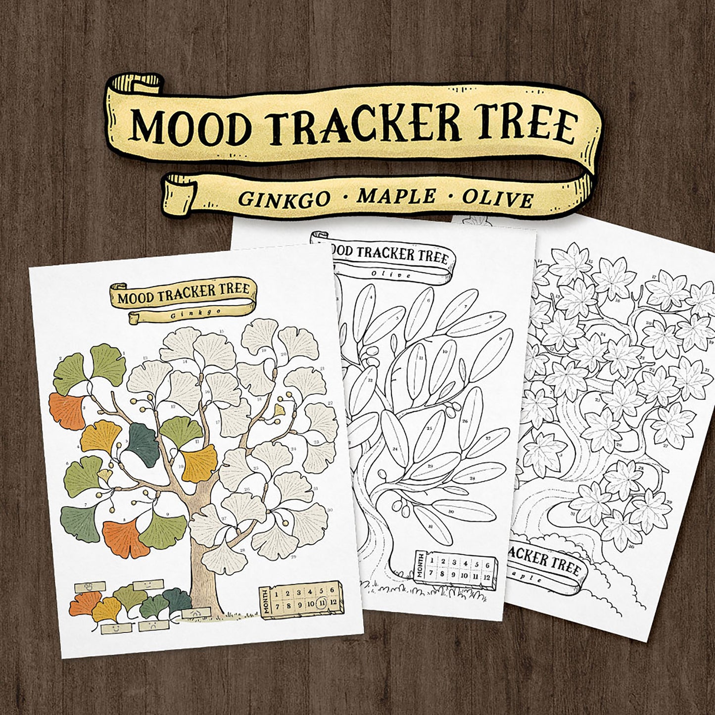 Mood Tracker Tree Set - Ginkgo, Maple, Olive